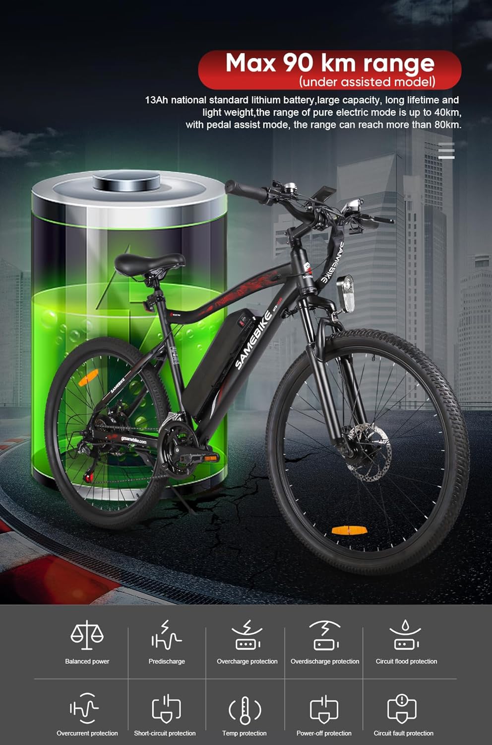 Electric Mountain Bike 26in 36V 13Ah Dual Suspension Disc Brake Black