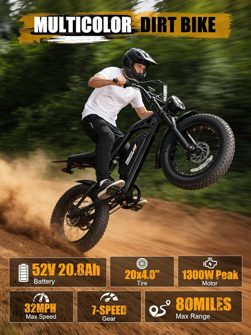 V200 Electric Dirt Bike 52V 20.8Ah Fat Tire 32MPH Dual Suspension