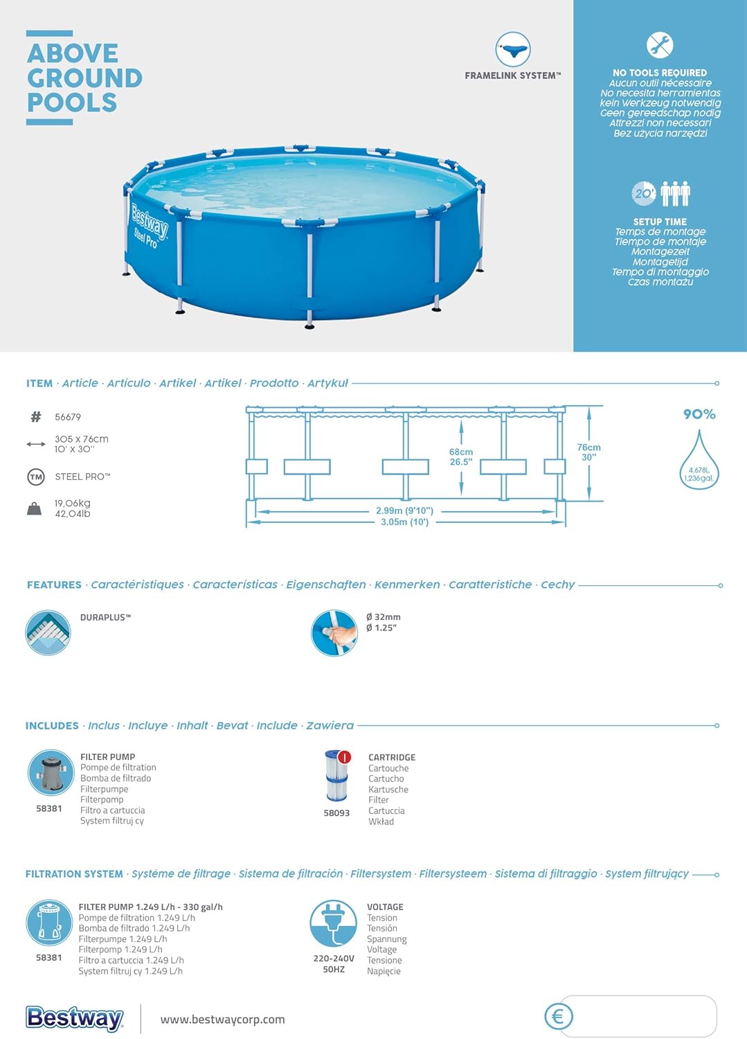 Steel Pro Frame Pool 10ft 4678L with Filter Pump