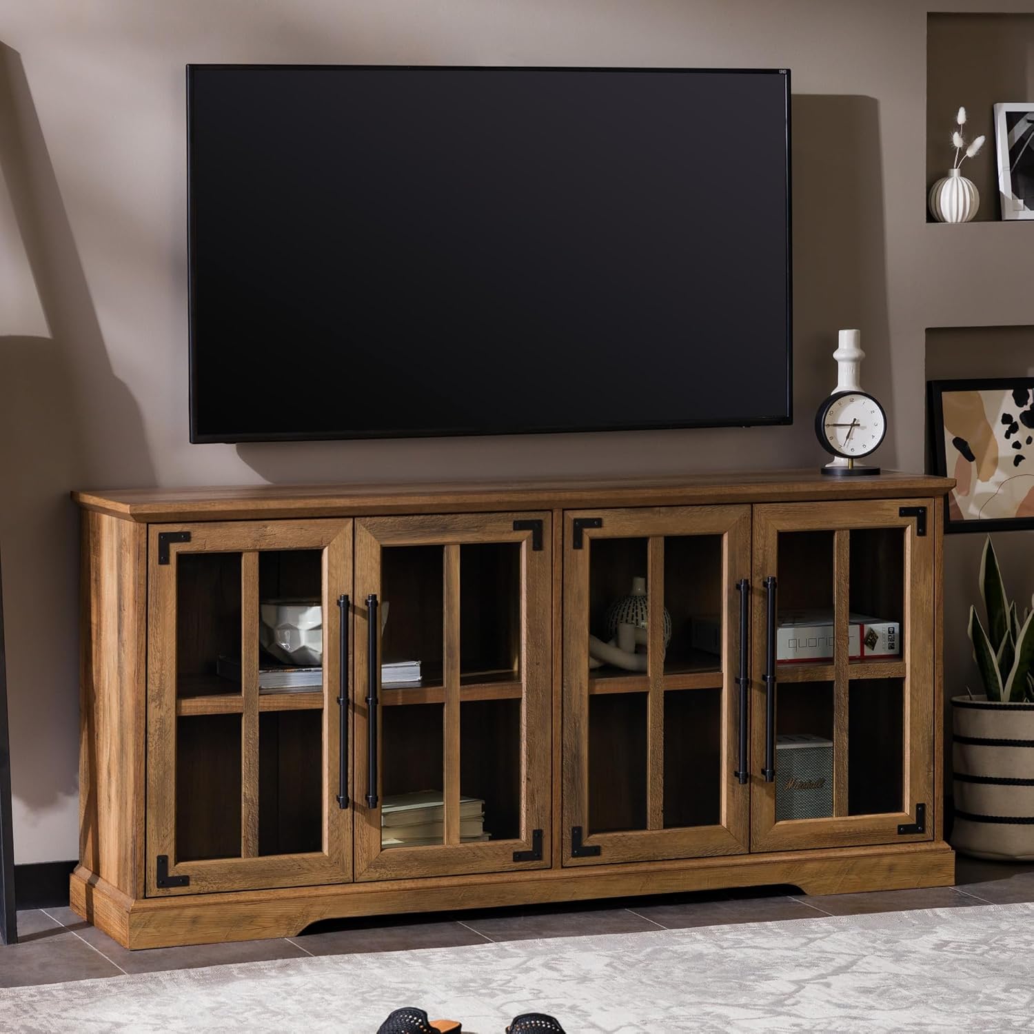 Farmhouse Barn Door TV Stand and Entryway Table Set 58in Rustic Oak