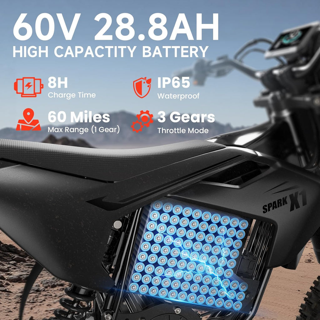X1 Spark Electric Dirt Bike 4500W Peak Motor 60V 28.8Ah 50MPH